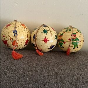 Set Of 3 Hand Painted Paper Mache Christmas Ball Ornaments India Santa Elves